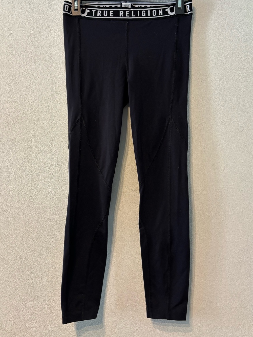 True Religion Black White Horseshoe Logo Waistband Athletic Leggings Size S